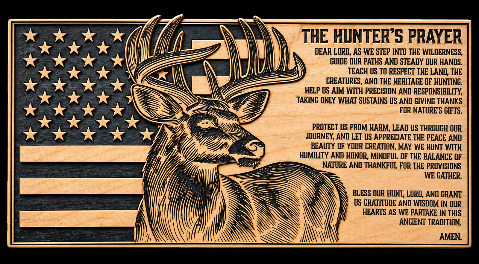 Hunter's Prayer Buck custom CNC carving by Singed Impressions